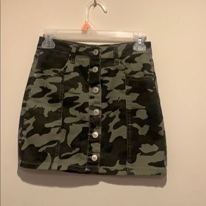 Camo high rise jean skirt